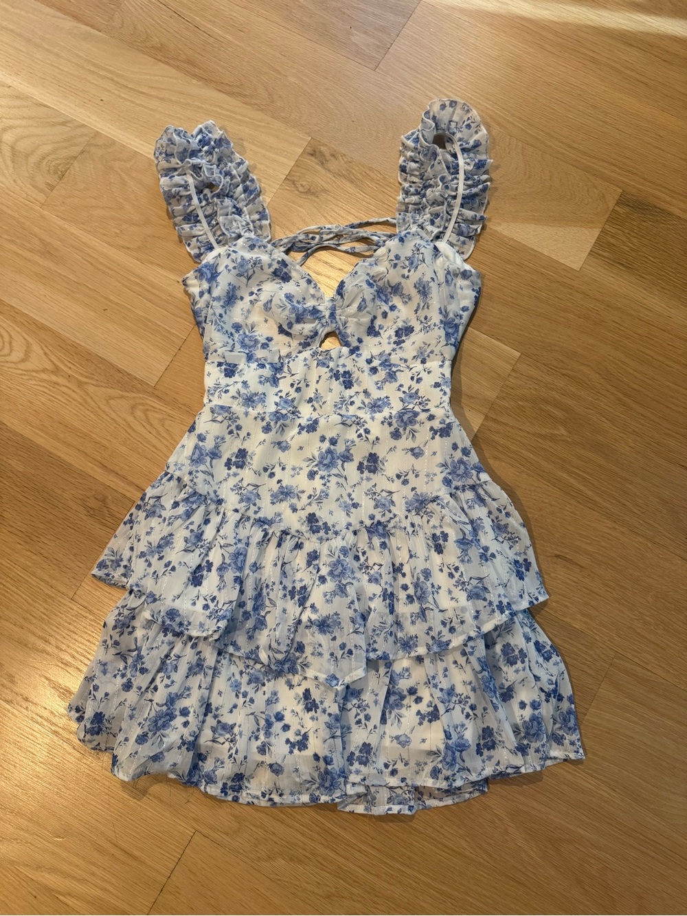 Altar'd State White and Blue Floral Ruffle Tiered Dress